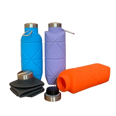 New folding mode silicone collapsible flat water bottle sport water bottle with stainless steel lid